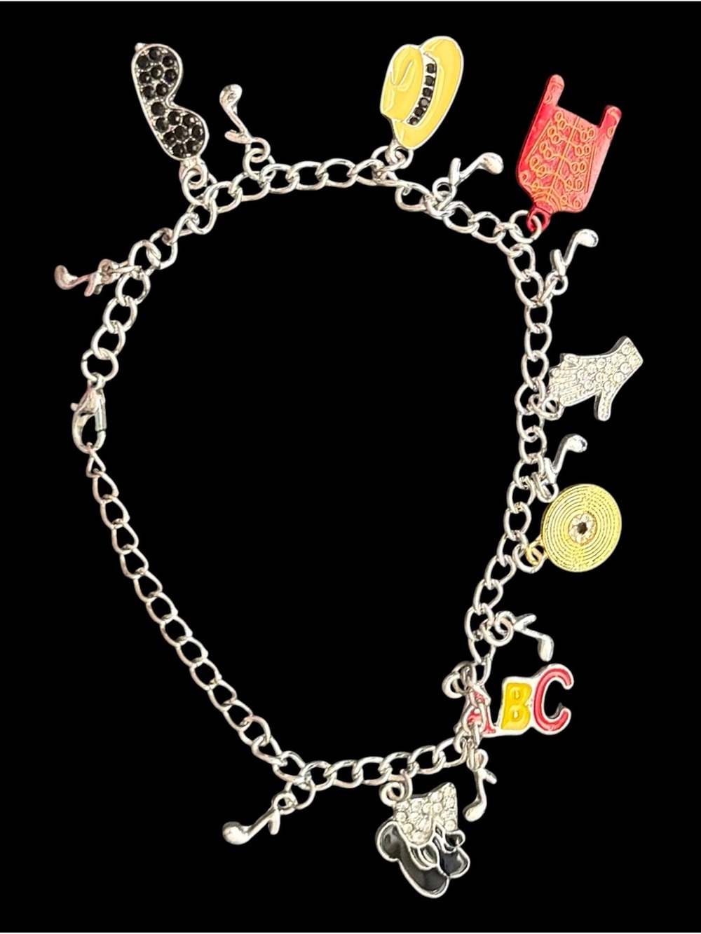 Michael Jackson Silvertone Charm Bracelet w/Multicolor Enamel Charms Adjustable